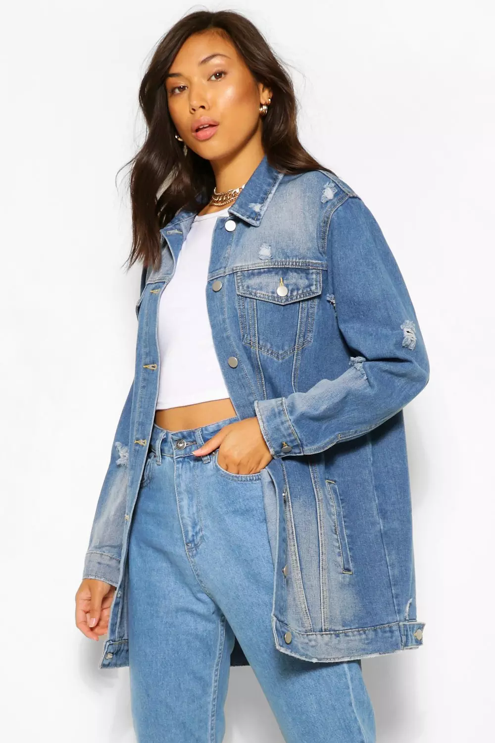 Distressed longline denim on sale jacket